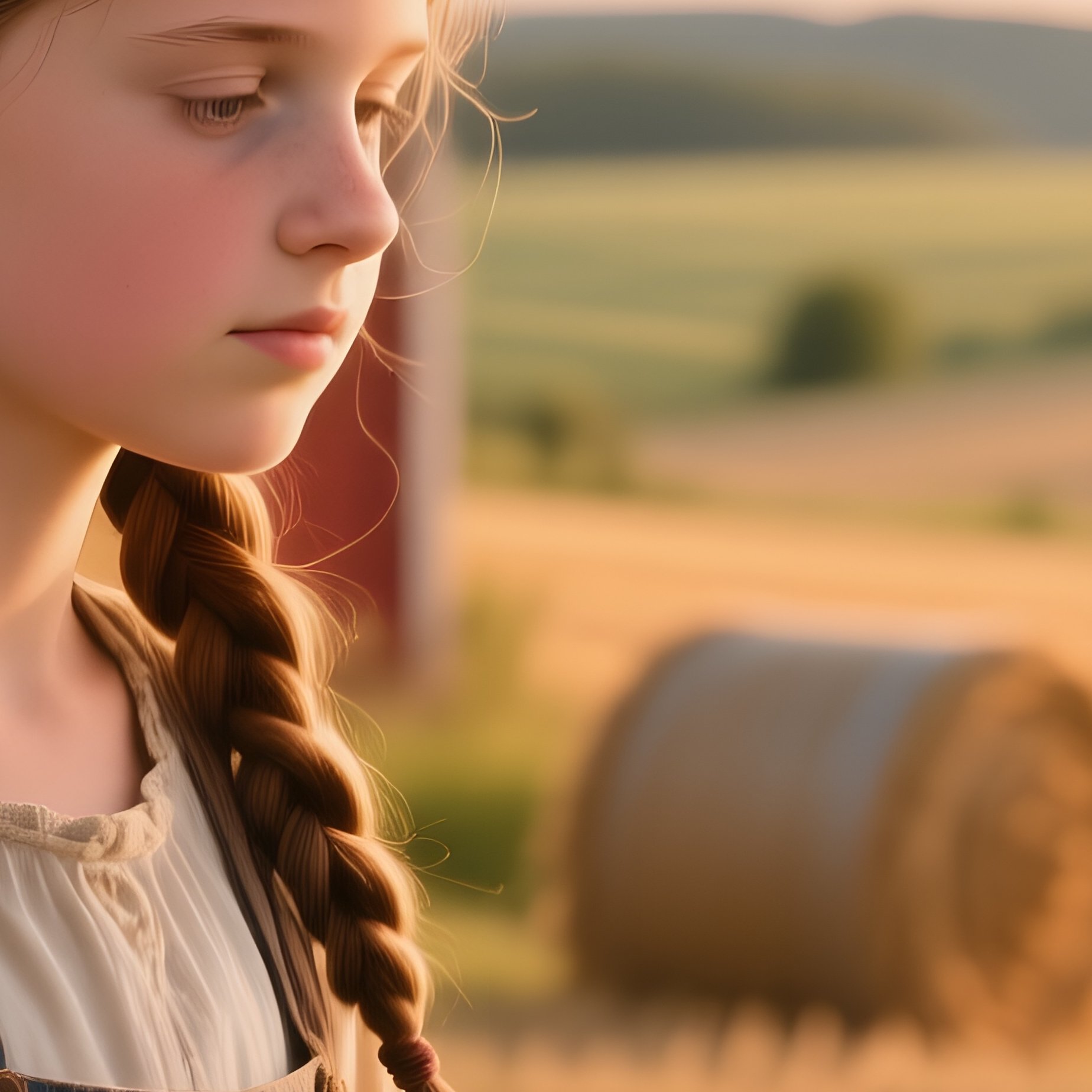 A Farmer’S Daughter With A Simple Braid Gets A Trim Beside A Red Barn At Golden Hour, Fields Of - Full Resolution Quality Preview