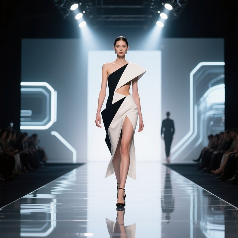A Fashion Runway Model With An Avant‑Garde Asymmetrical Cut Strides Down A Sleek Catwalk Under