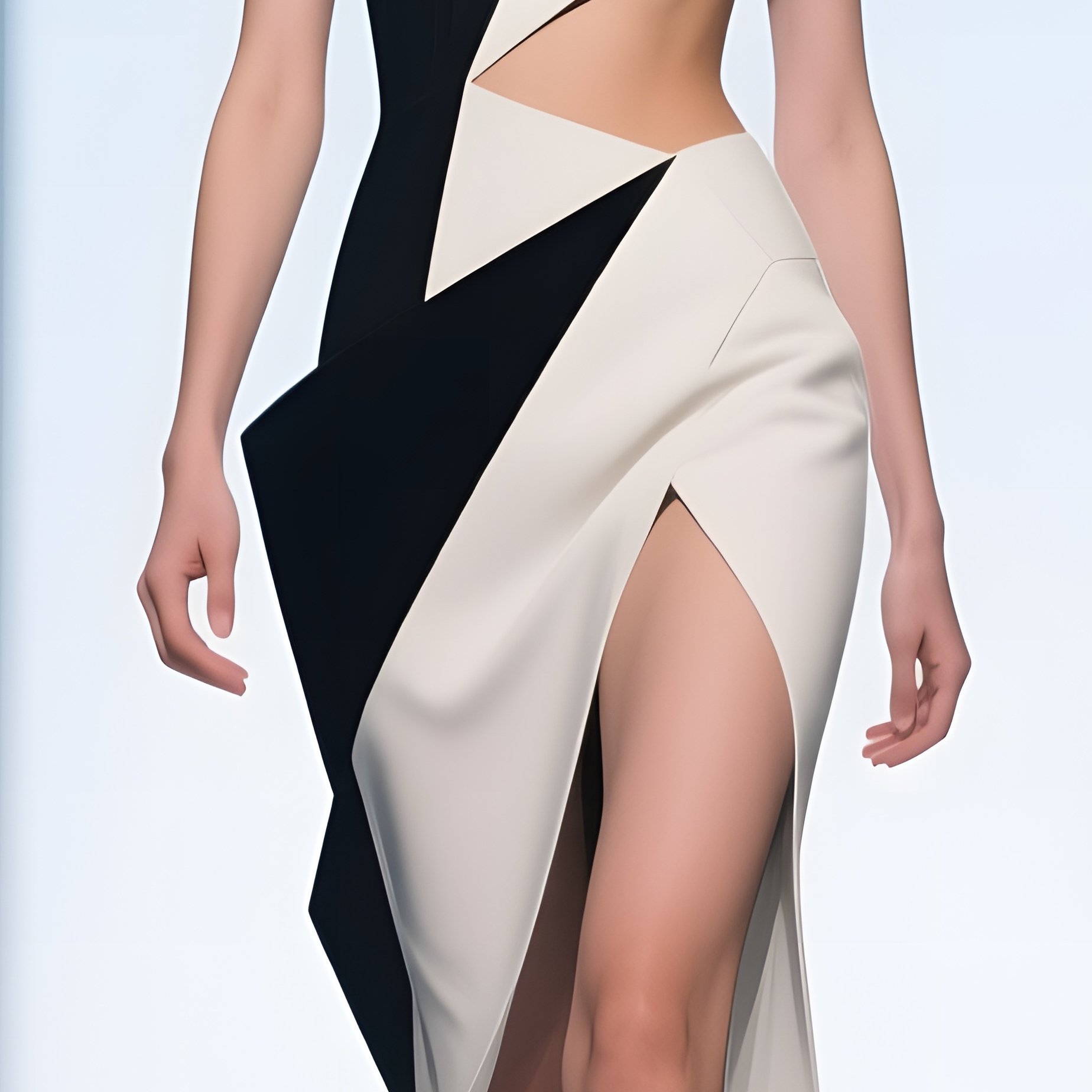 A Fashion Runway Model With An Avant‑Garde Asymmetrical Cut Strides Down A Sleek Catwalk Under - Full Resolution Quality Preview