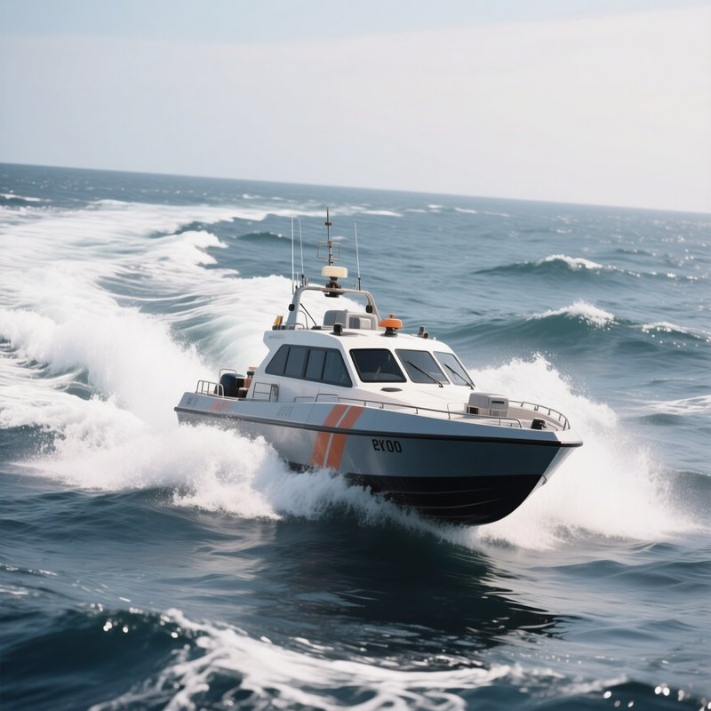 A Fast Patrol Boat Riding Over Whitecaps In Open Sea