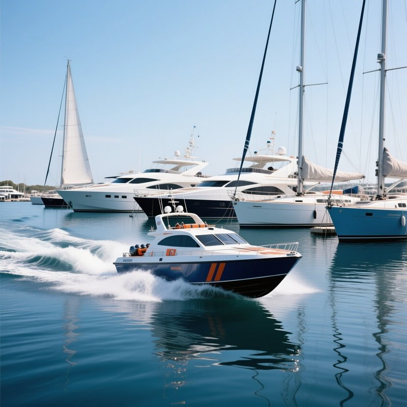 A Fast Rescue Craft Moving Between Anchored Yachts