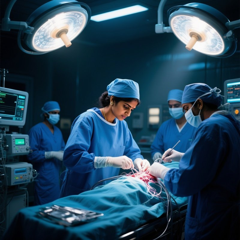 A Female Indian Surgeon In An Operating Theatre In Delhi At Night, Intensely Focused On A Complex