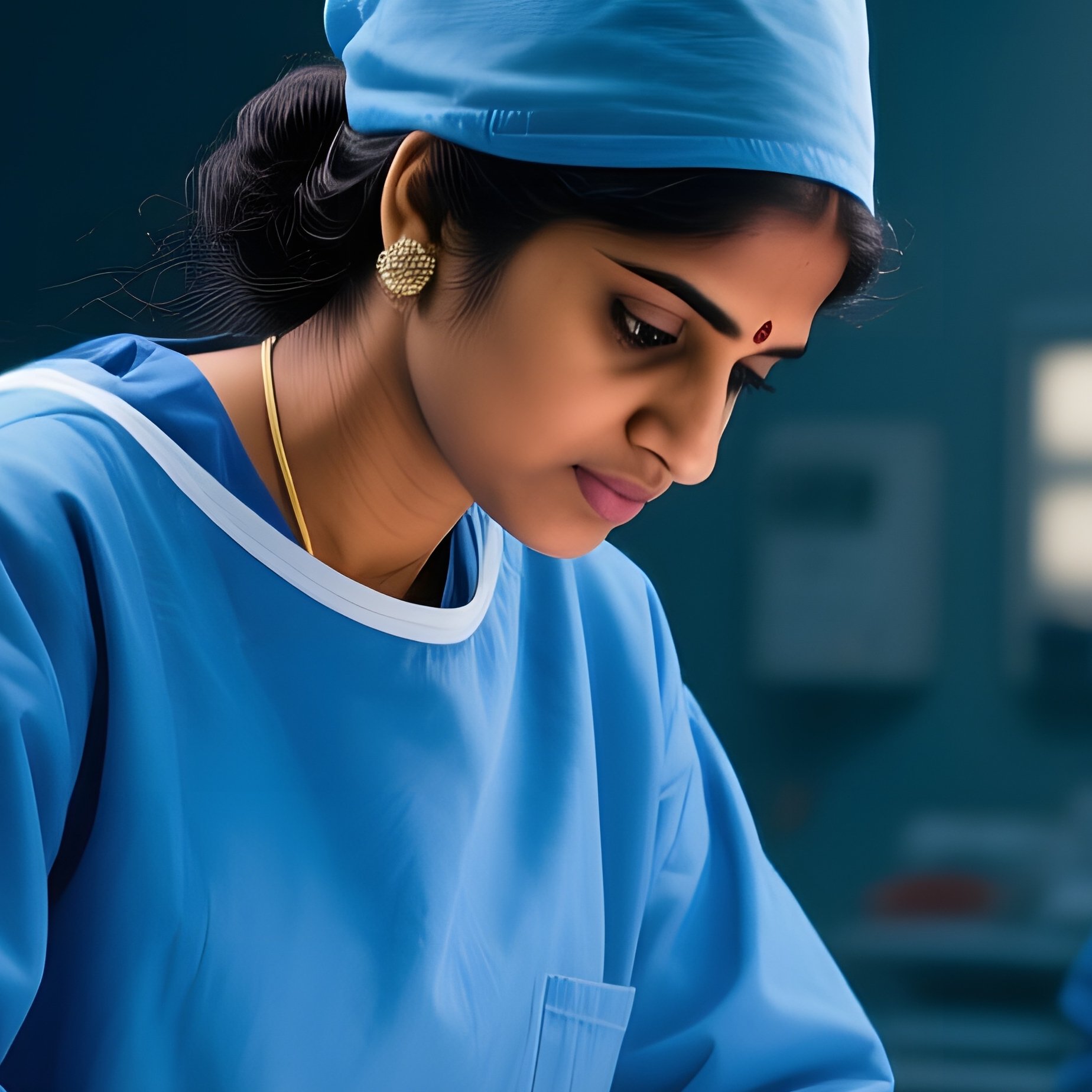 A Female Indian Surgeon In An Operating Theatre In Delhi At Night, Intensely Focused On A Complex - Full Resolution Quality Preview