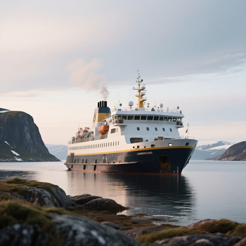 A Ferry Anchored Near A Remote Northern Peninsula