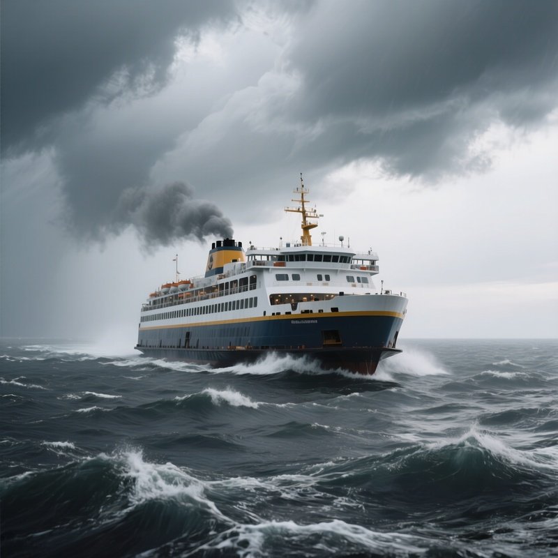 A Ferry Crossing Choppy Water Under Gray Storm Clouds