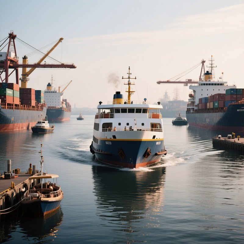 A Ferry Navigating Around Anchored Cargo Ships