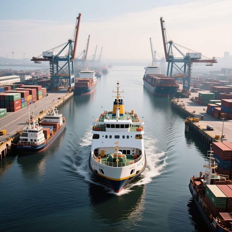 A Ferry Navigating Between Busy Cargo Piers