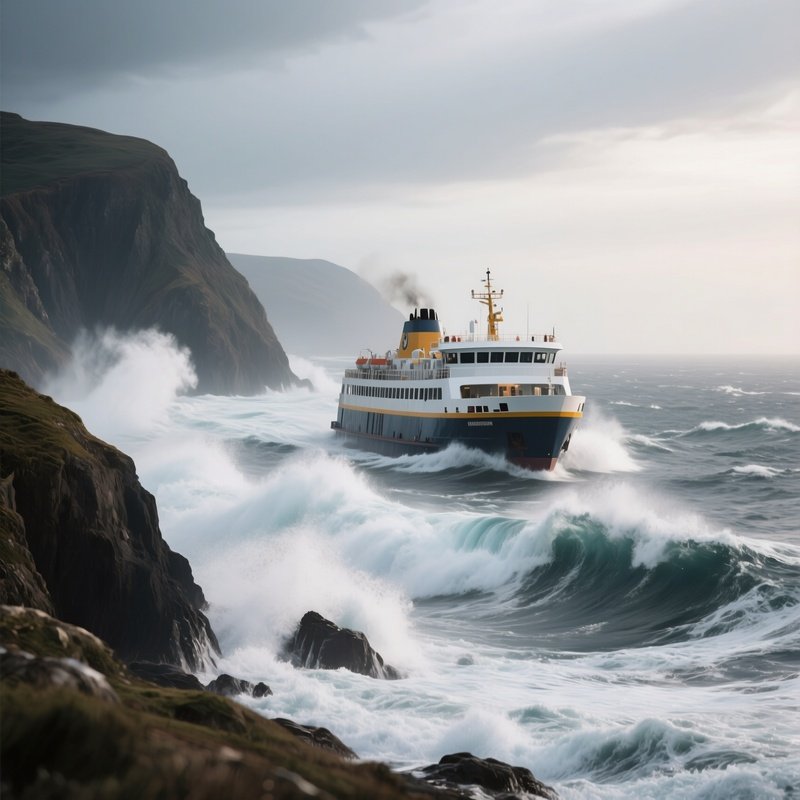 A Ferry Navigating Heavy Swell Near A Windy Cape