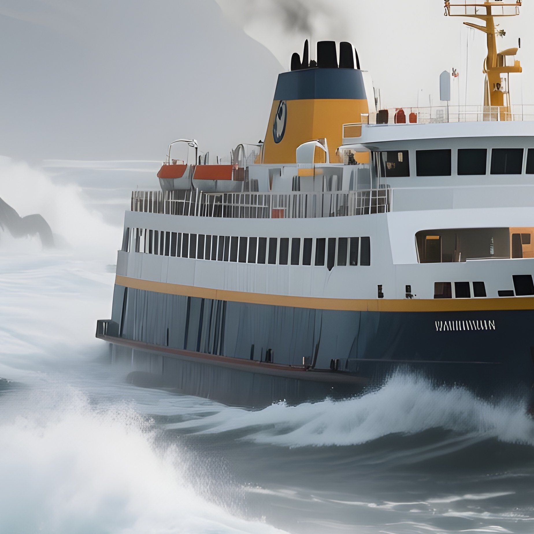 A Ferry Navigating Heavy Swell Near A Windy Cape - Full Resolution Quality Preview