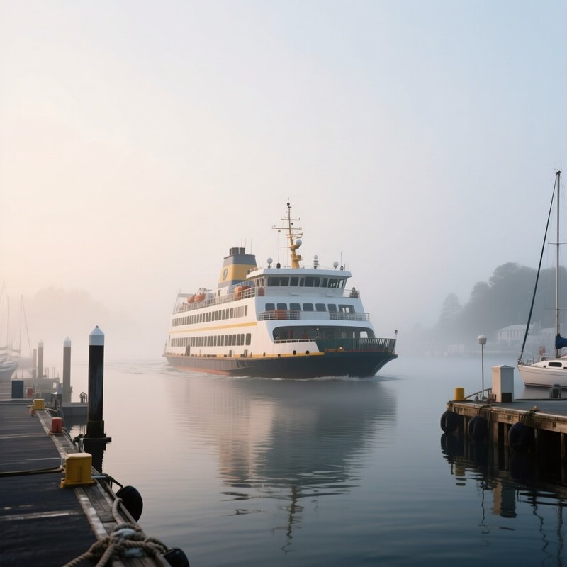 A Ferry Navigating Through Light Morning Fog Near A Marina