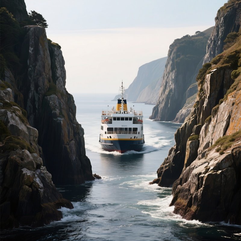 A Ferry Navigating Through Narrow Coastal Rock Formations