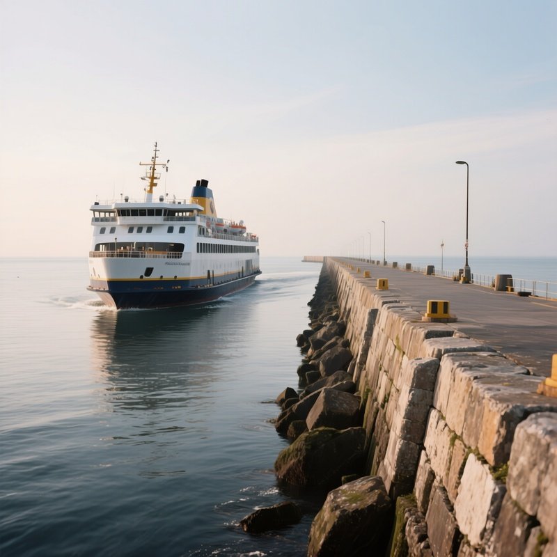 A Ferry Sailing Beside A Long Stone Breakwater
