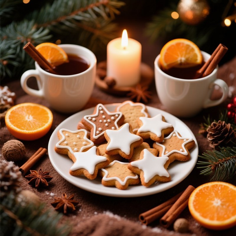 A Festive Arrangement Of Cookies And Hot Beverages Holiday Cookies