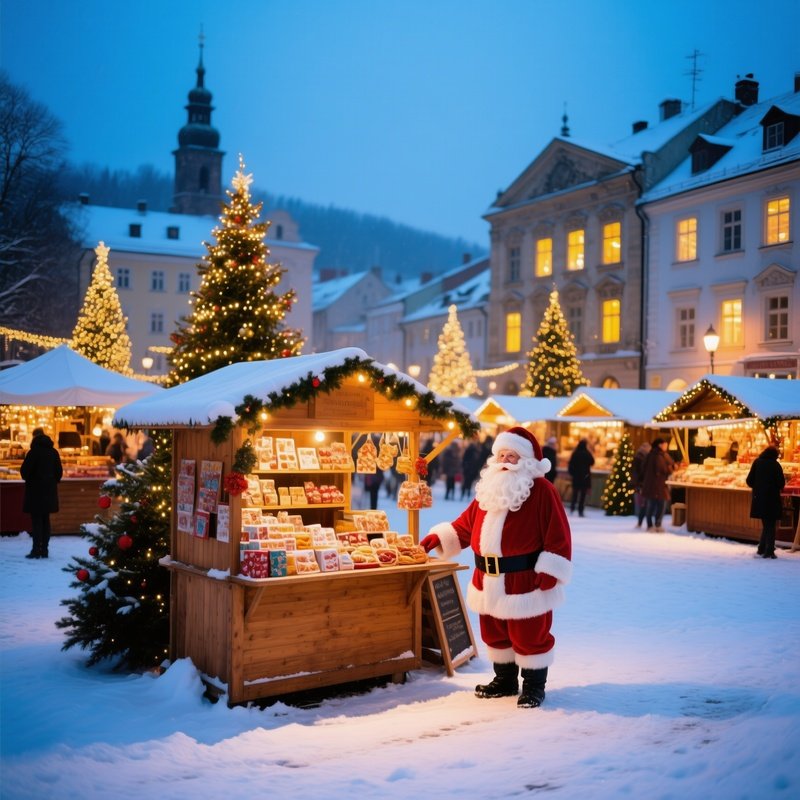 A Festive Christmas Market Scene At Dusk Christmas Market