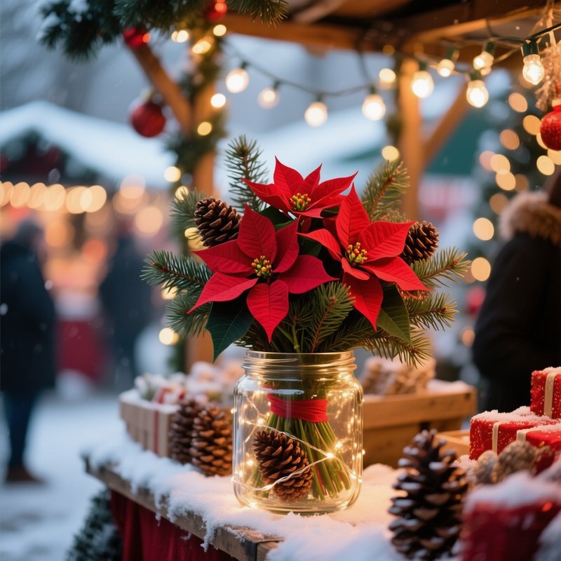 A Festive Christmas Market Stall Featuring A Winter‑Themed Bouquet Of Red Poinsettias, Evergreen