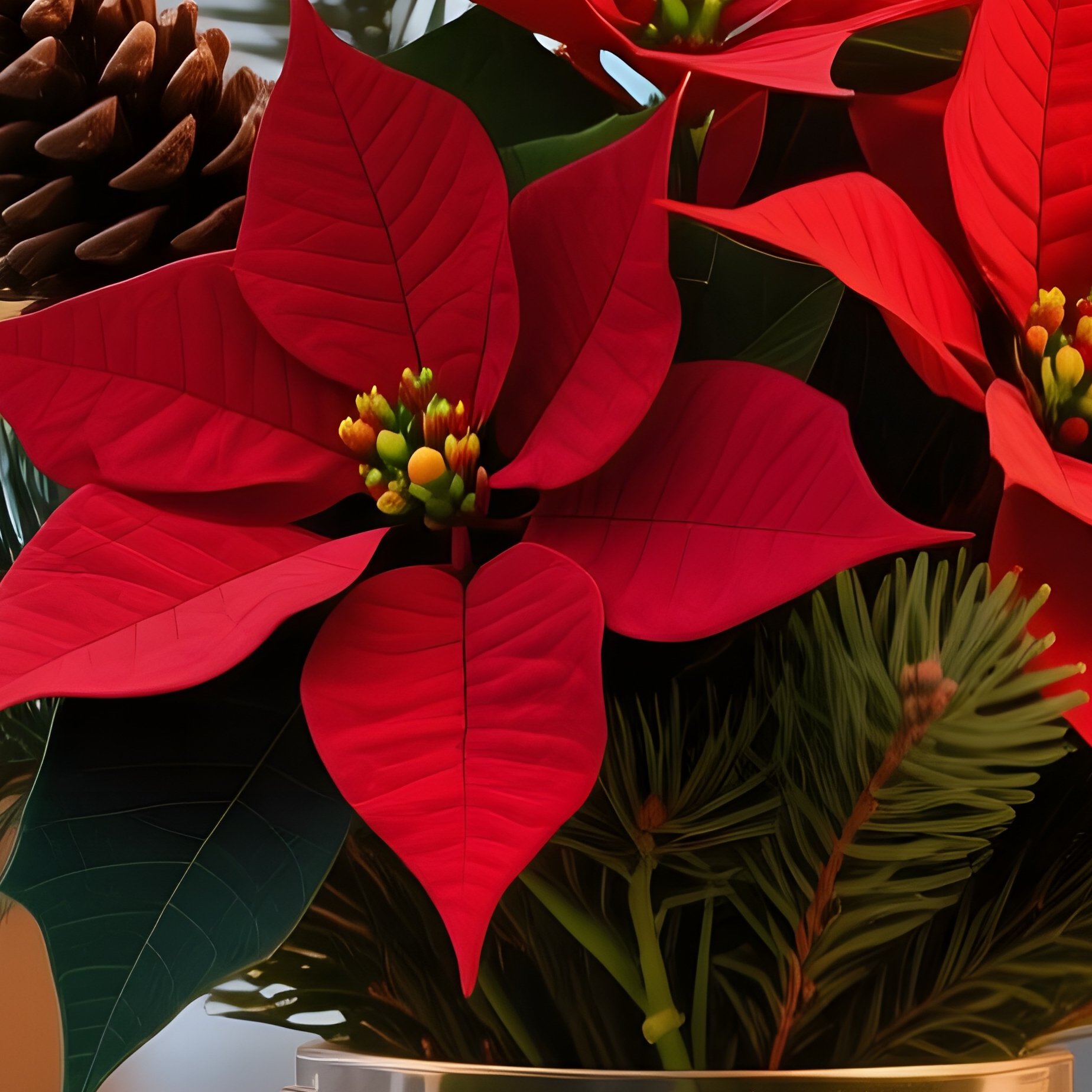 A Festive Christmas Market Stall Featuring A Winter‑Themed Bouquet Of Red Poinsettias, Evergreen - Full Resolution Quality Preview