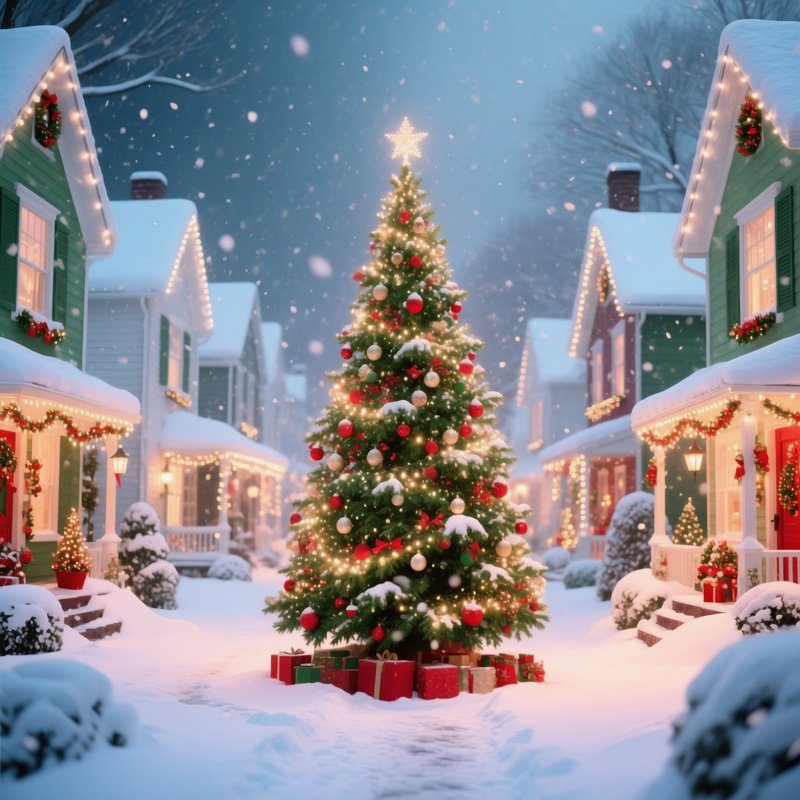 A Festive Christmas Tree In A Snowy Neighborhood Christmas Winter