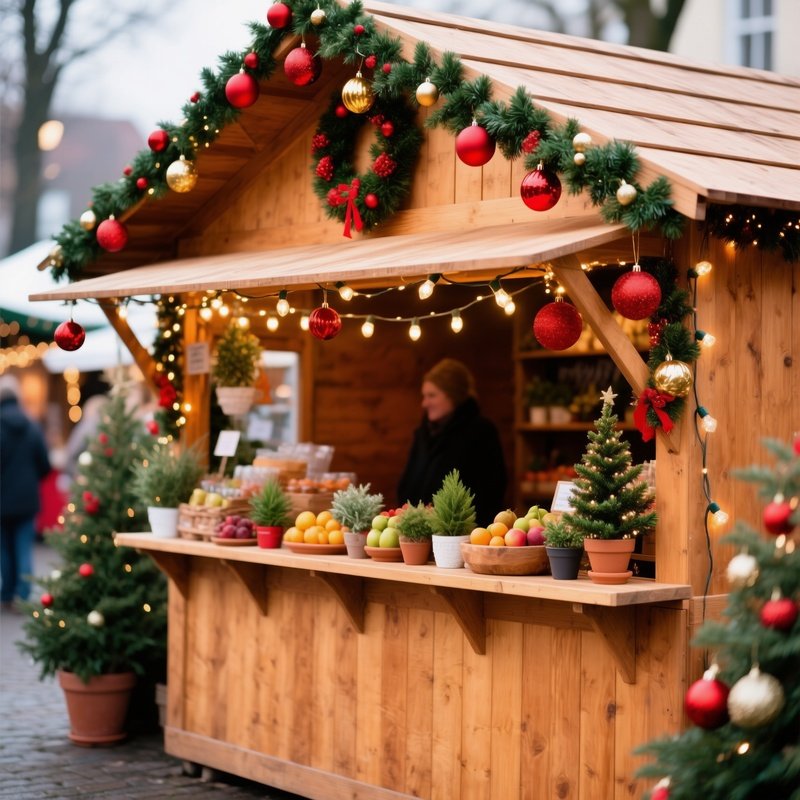 A Festive Wooden Stall Decorated For Christmas Christmas Stall