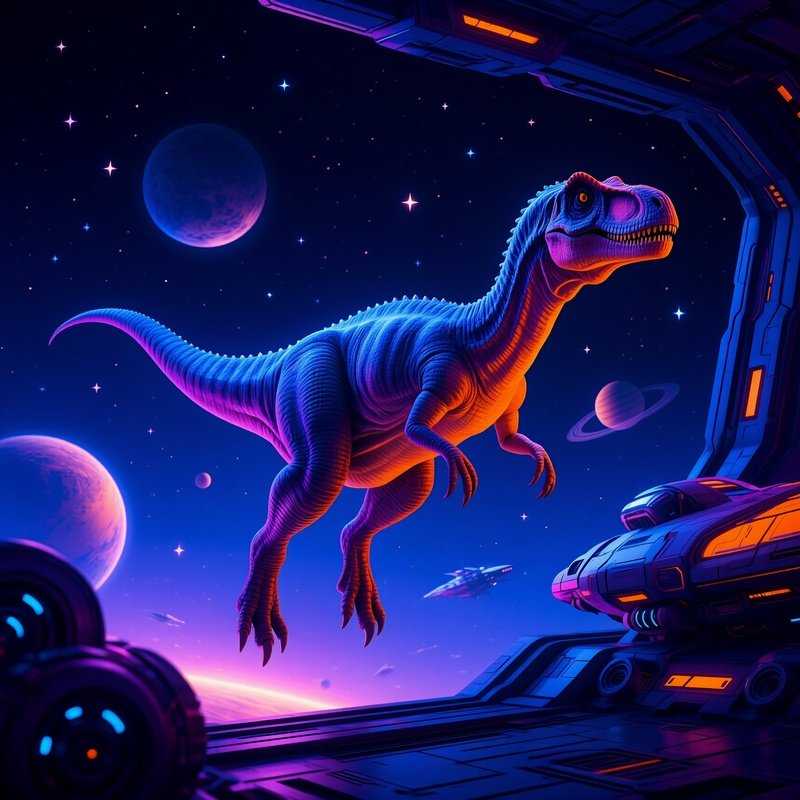 A Fictional Science Fiction Story With A Dinosaur Einiosaurus In Space