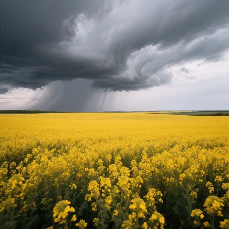 A Field Of Blooming Canola Flowers Creating A Sea Of Yellow Against A Stormy Grey Sky