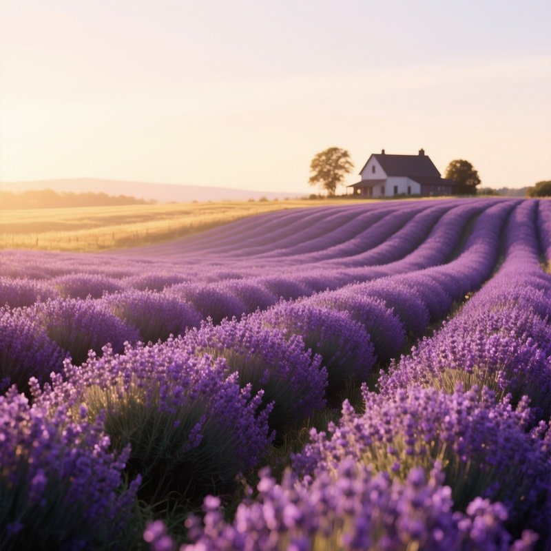 A Field Of Lavender In Full Bloom During Late Summer, Violet Waves Stretching To Horizon, Soft