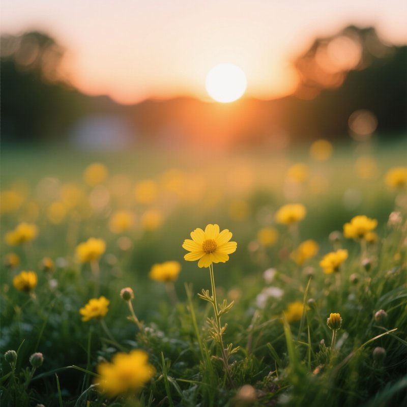 A Field Of Yellow Flowers At Sunset Nature Sunset