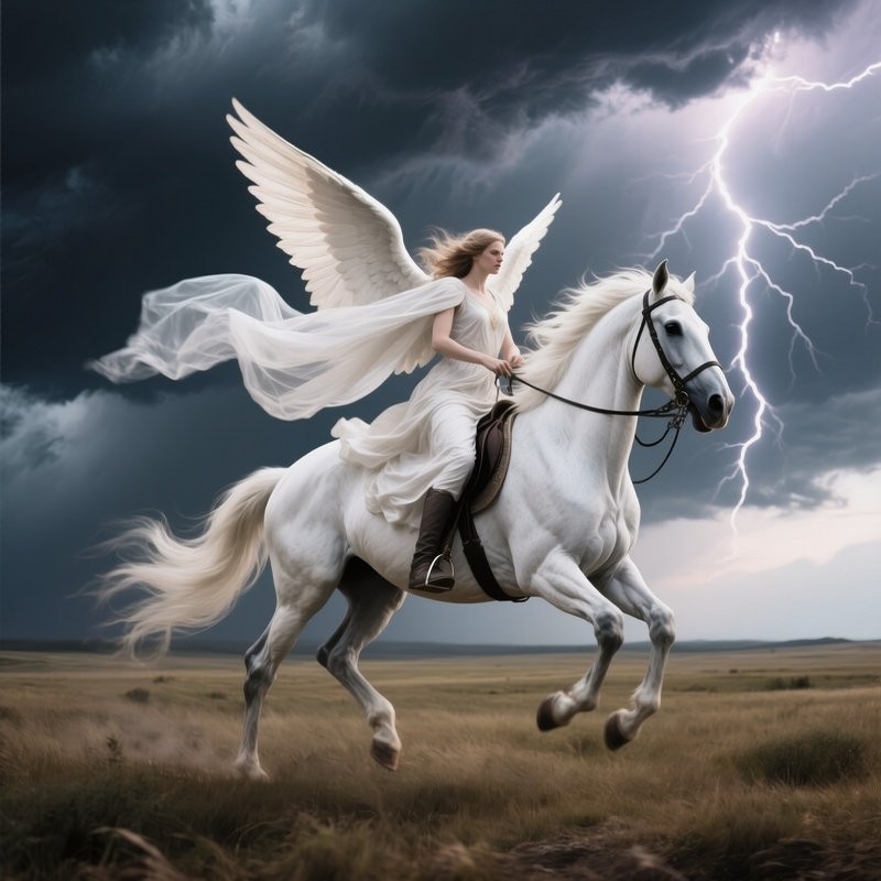 A Fierce Guardian Angel Riding A White Stallion Across An Open Plain Under A Stormy Sky, Wind