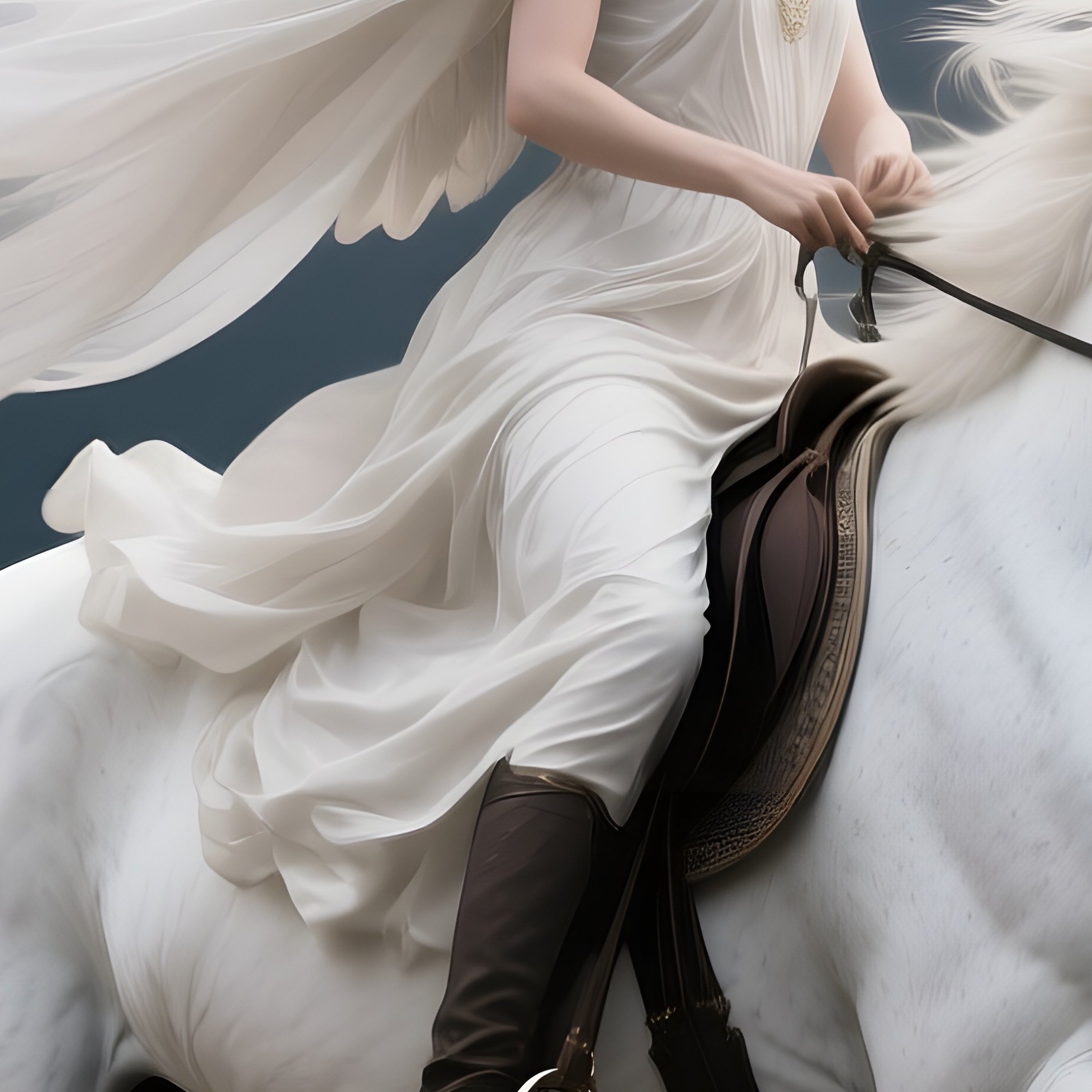 A Fierce Guardian Angel Riding A White Stallion Across An Open Plain Under A Stormy Sky, Wind - Full Resolution Quality Preview