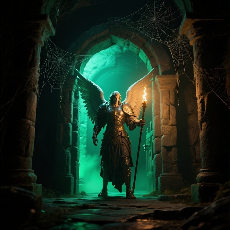 A Fierce Guardian Angel Standing Guard At The Entrance Of An Ancient Crypt Illuminated By