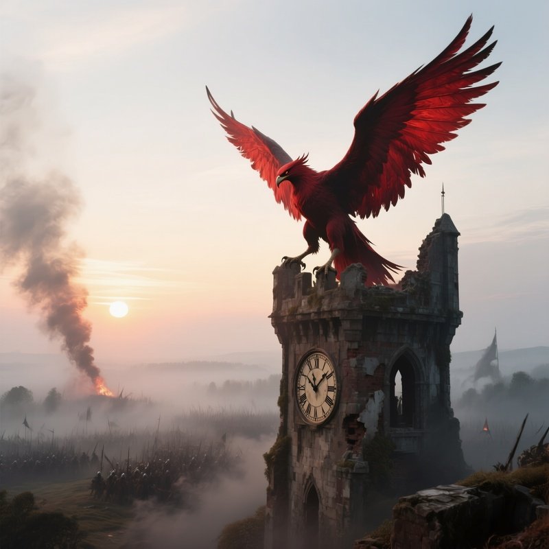 A Fierce Seraph With Crimson Wings Perched Atop A Ruined Watchtower Overlooking A Battlefield