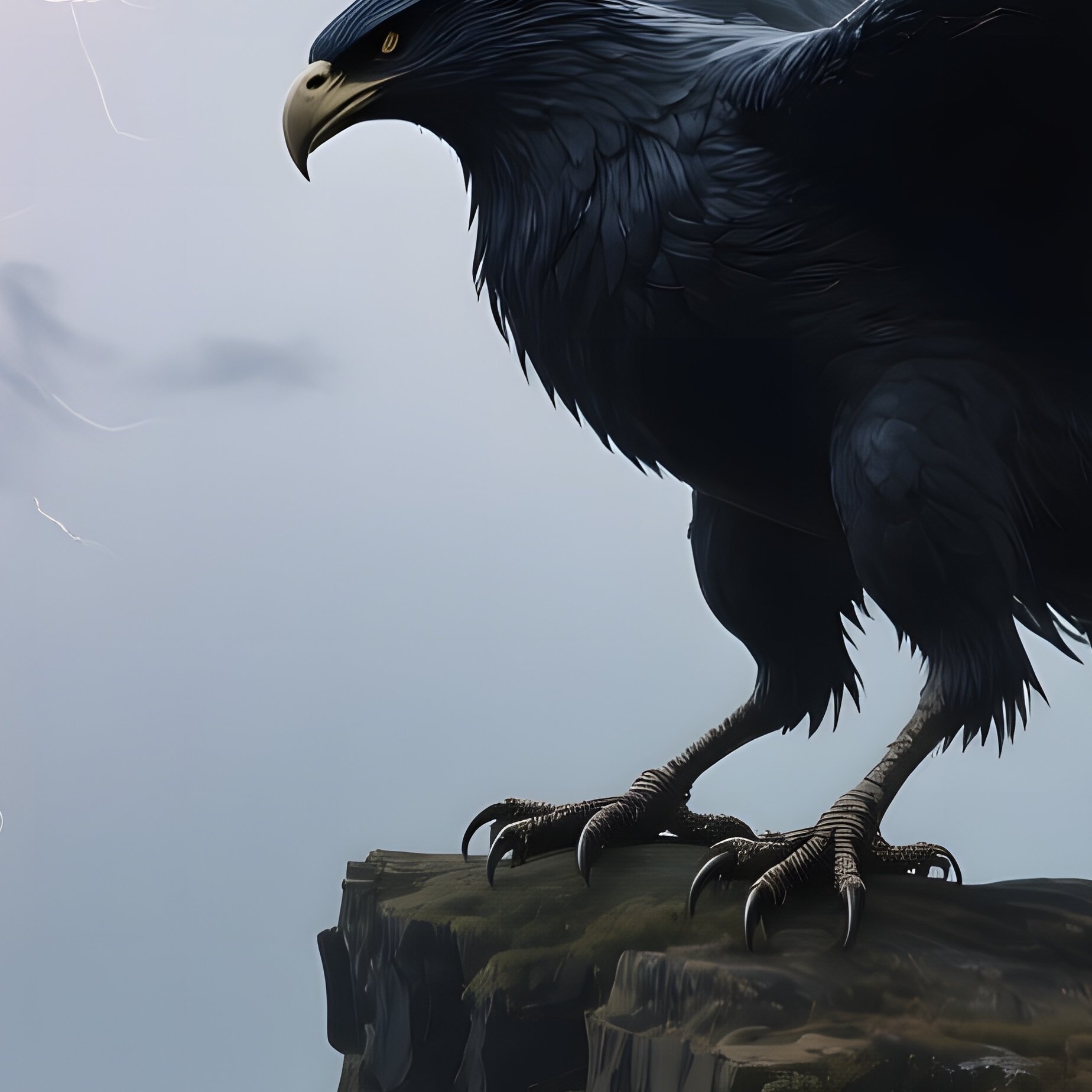 A Fierce Seraph With Obsidian Wings Perched On A Jagged Basalt Cliff Overlooking An Ocean Storm, - Full Resolution Quality Preview