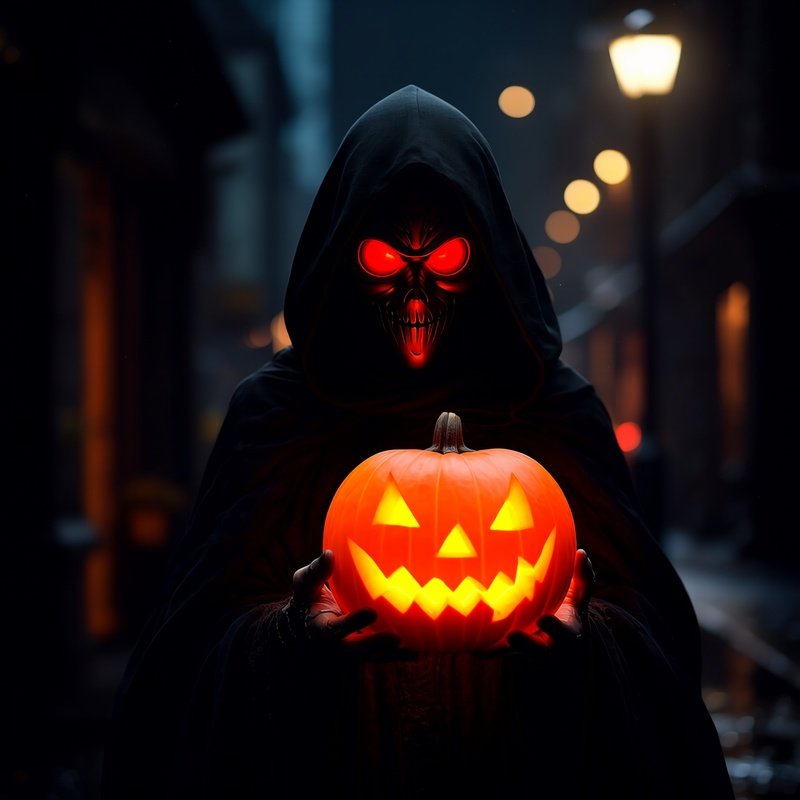 A Figure Dressed As A Grim Reaper Holding A Carved Pumpkin