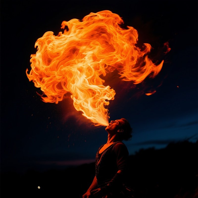 A Fire Performer Breathing Flame At Night