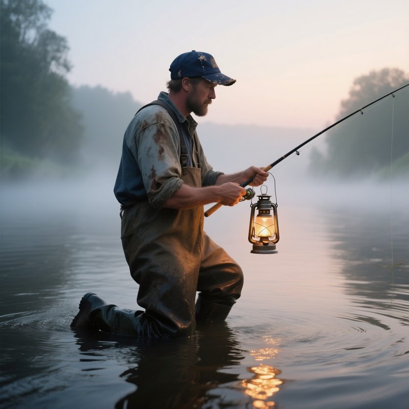 A Fisherman In A Battered Navy Cap Stands Knee‑Deep In A Foggy River At Dawn, His Lantern Casting A