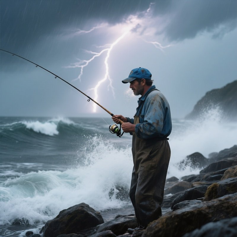A Fisherman In A Faded Blue Cap Stands On A Rocky Shoreline During A Storm, Waves Crashing And