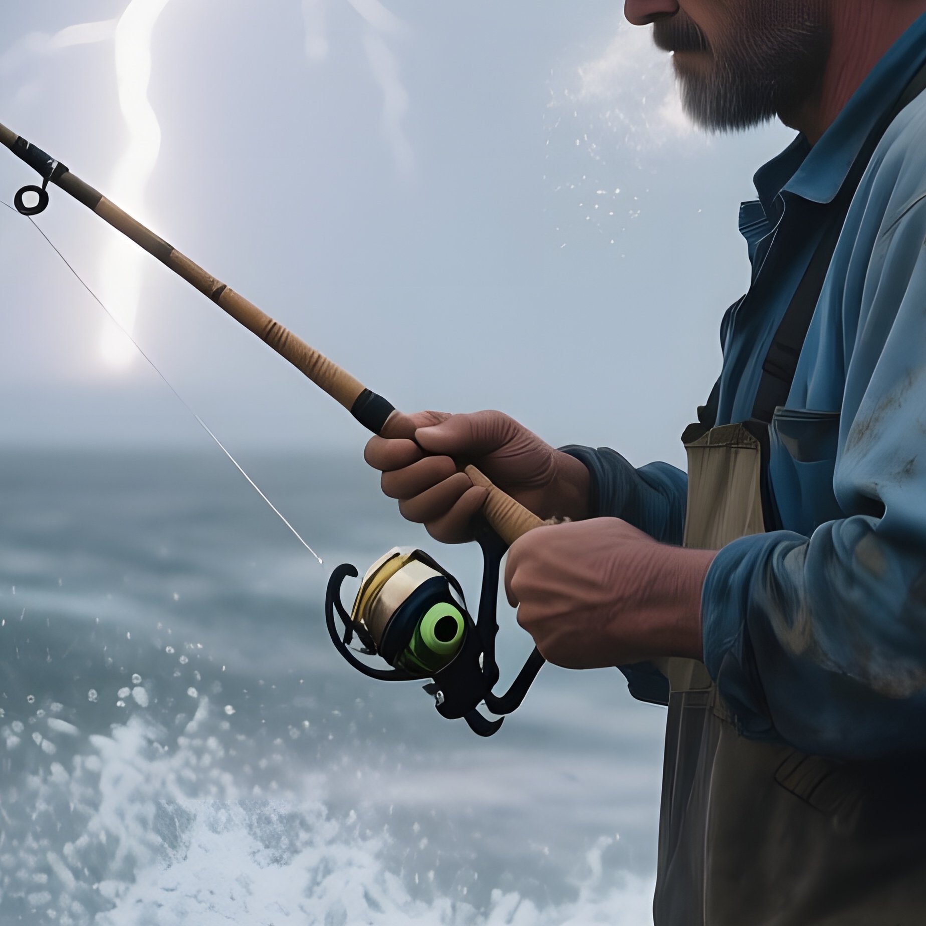 A Fisherman In A Faded Blue Cap Stands On A Rocky Shoreline During A Storm, Waves Crashing And - Full Resolution Quality Preview
