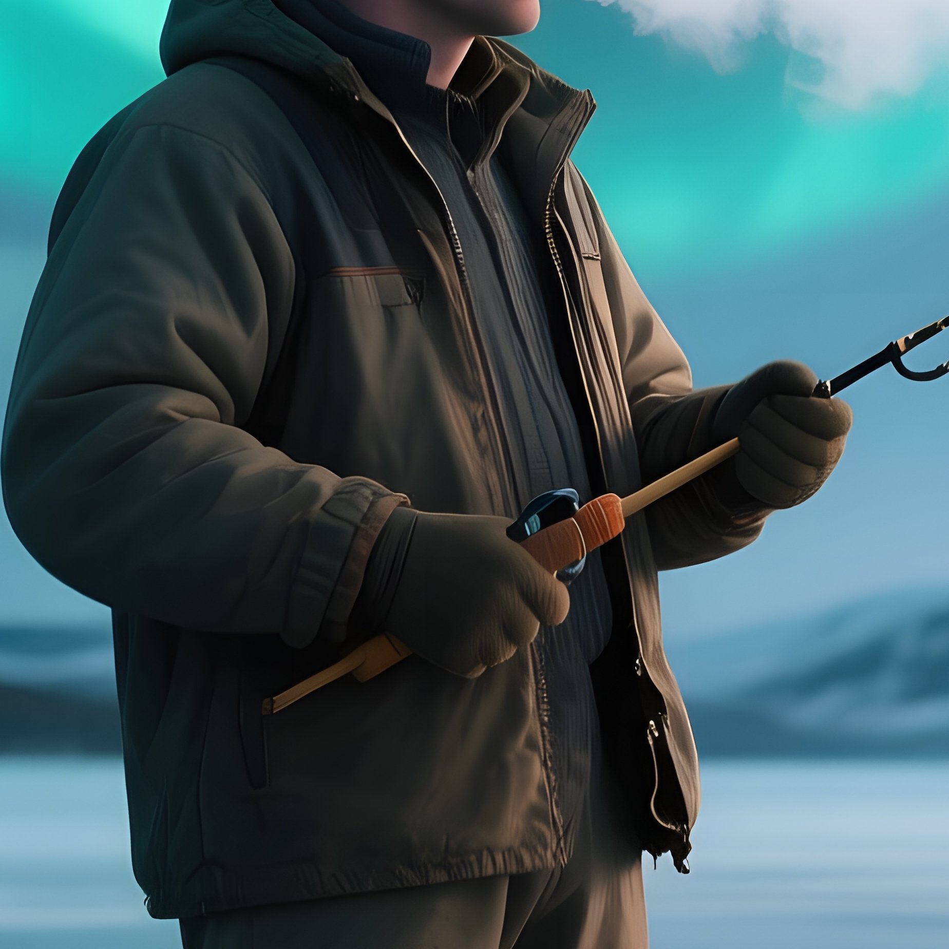 A Fisherman In A Knitted Cap Stands On A Frozen Lake With Ice Fishing Gear, Northern Lights - Full Resolution Quality Preview