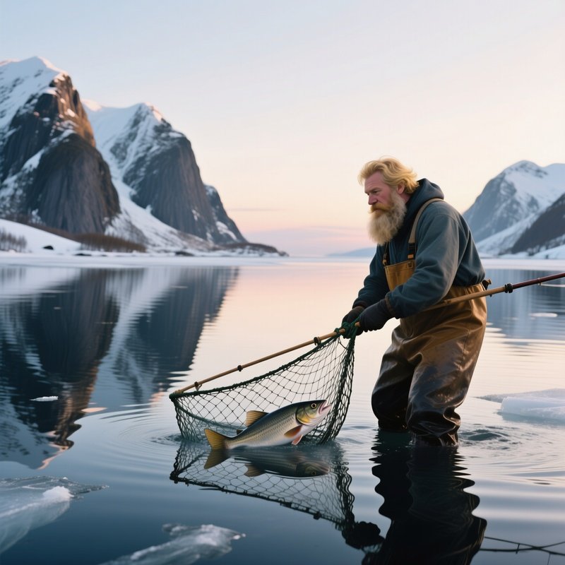 A Fisherman In A Norwegian Fjord With A Thick Blonde Beard Pulls A Net From Icy Water At Dawn,