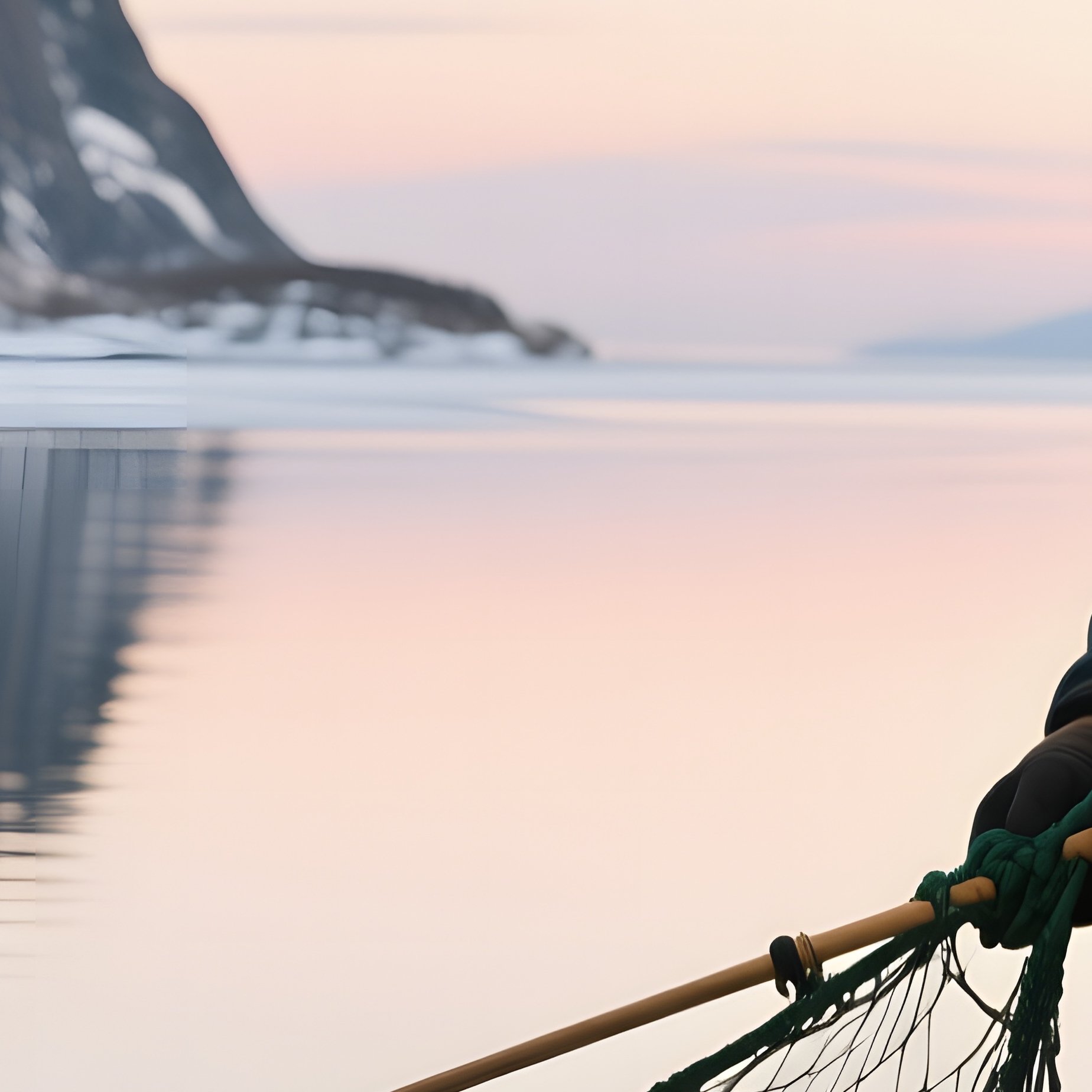 A Fisherman In A Norwegian Fjord With A Thick Blonde Beard Pulls A Net From Icy Water At Dawn, - Full Resolution Quality Preview