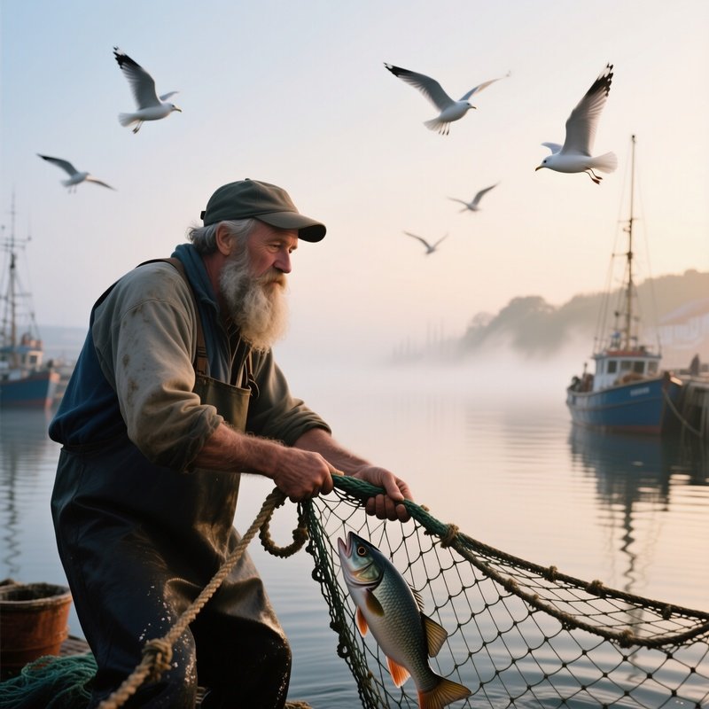 A Fisherman With A Weathered Sea‑Salt Beard Pulls In A Net At Dawn, Mist Rising Off The Water And
