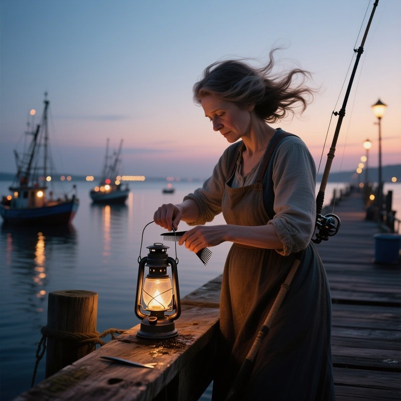 A Fisherman’S Wife With Wind‑Tousled Hair Gets A Simple Trim On A Wooden Pier At Dusk, Lanterns