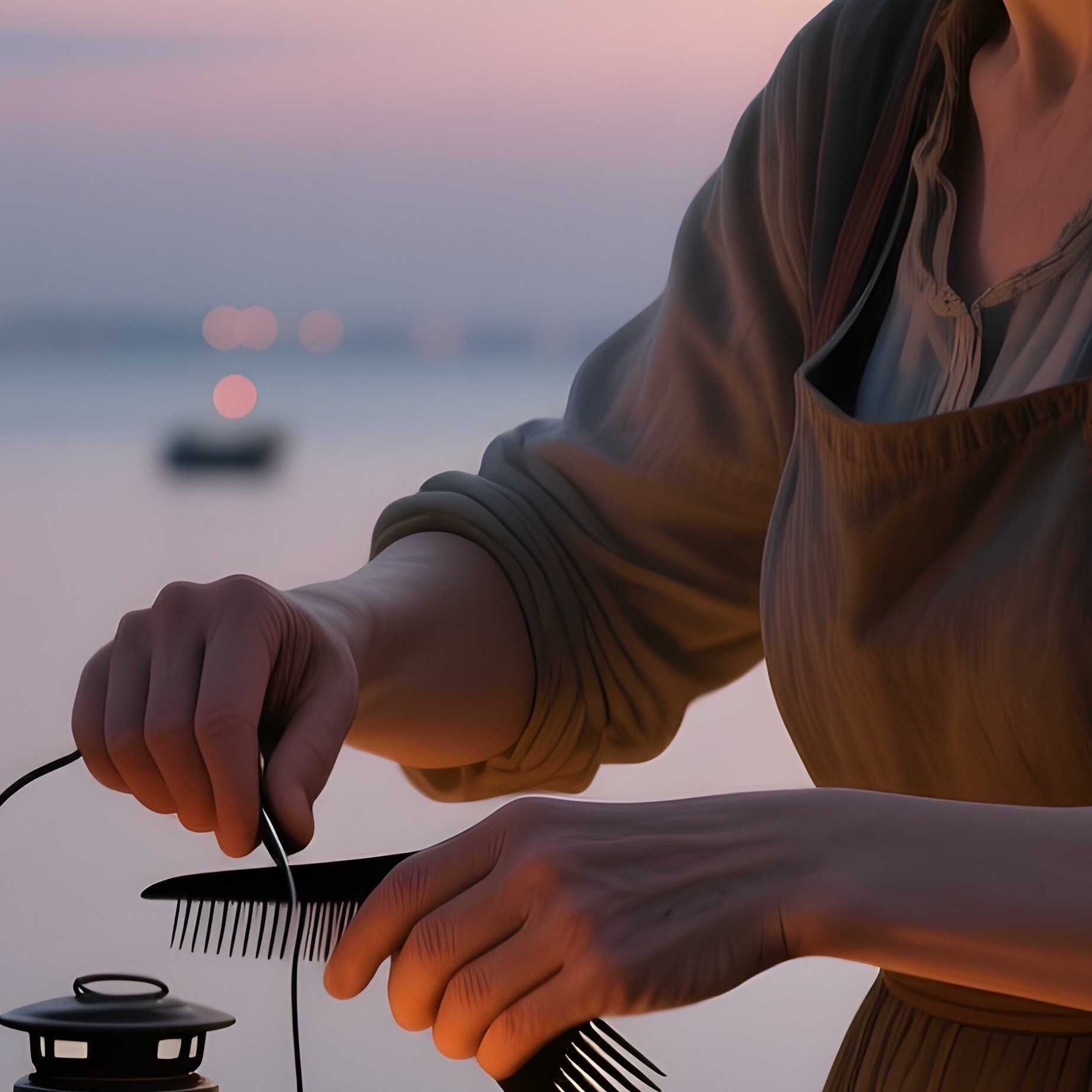 A Fisherman’S Wife With Wind‑Tousled Hair Gets A Simple Trim On A Wooden Pier At Dusk, Lanterns - Full Resolution Quality Preview