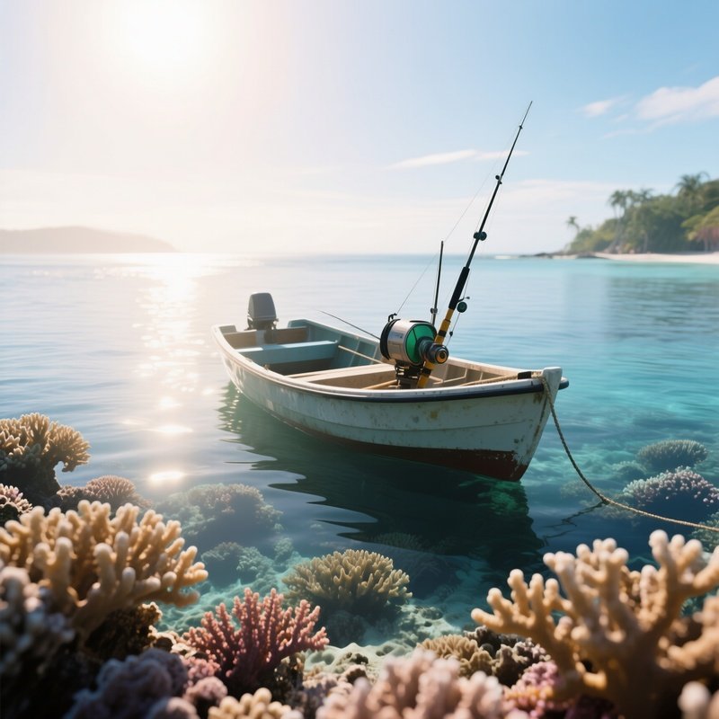 A Fishing Skiff Bobbing Near Coral Reefs Under Bright Morning Sun