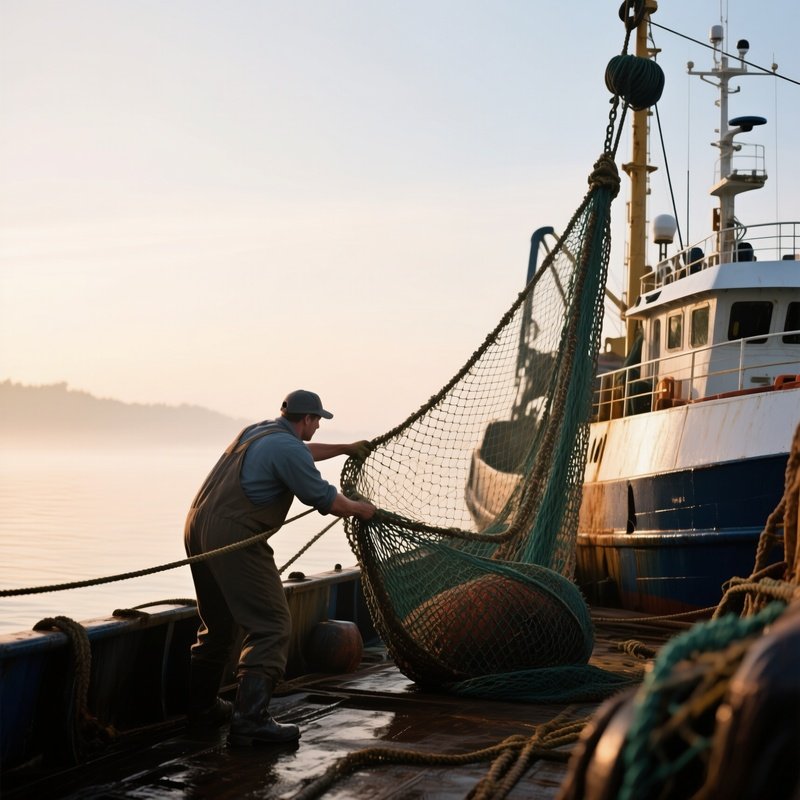 A Fishing Trawler Hauling Nets Aboard During Early Morning Light