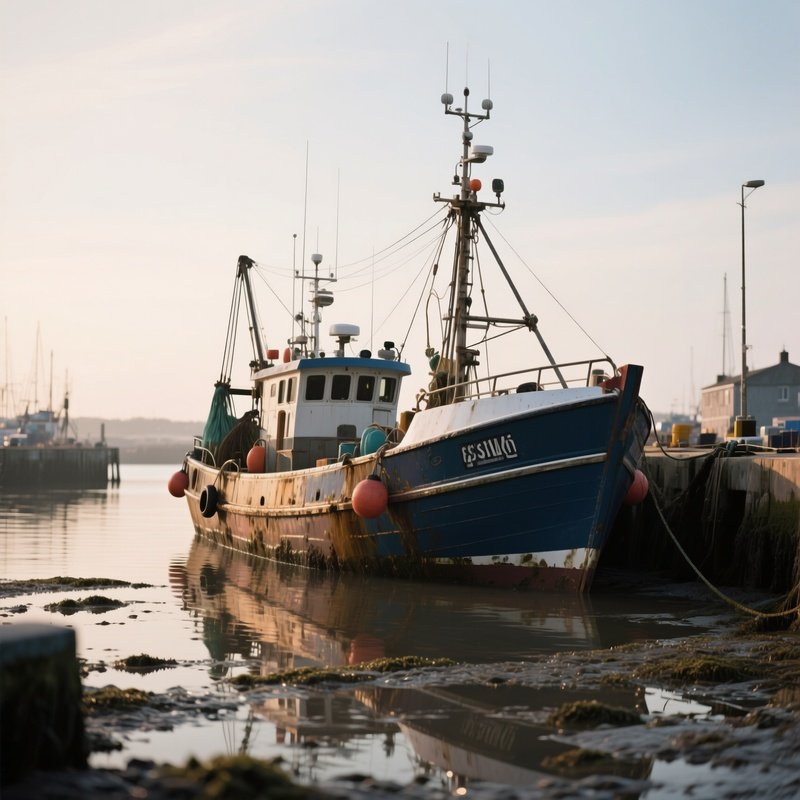 A Fishing Vessel Moored At A Harbor During Low Tide