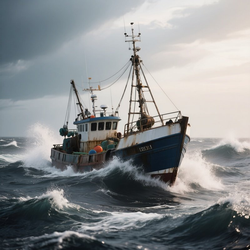 A Fishing Vessel Rocking In Strong Offshore Winds