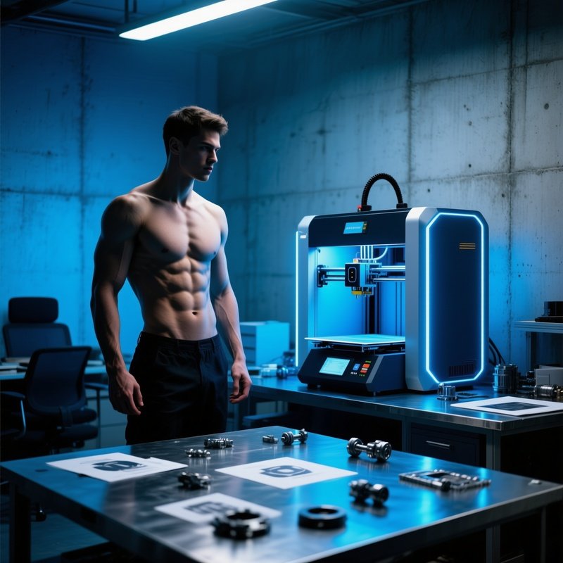 A Fit Office Worker With Sculpted Abs Standing Beside A Futuristic 3D Printer, Blue‑Hued