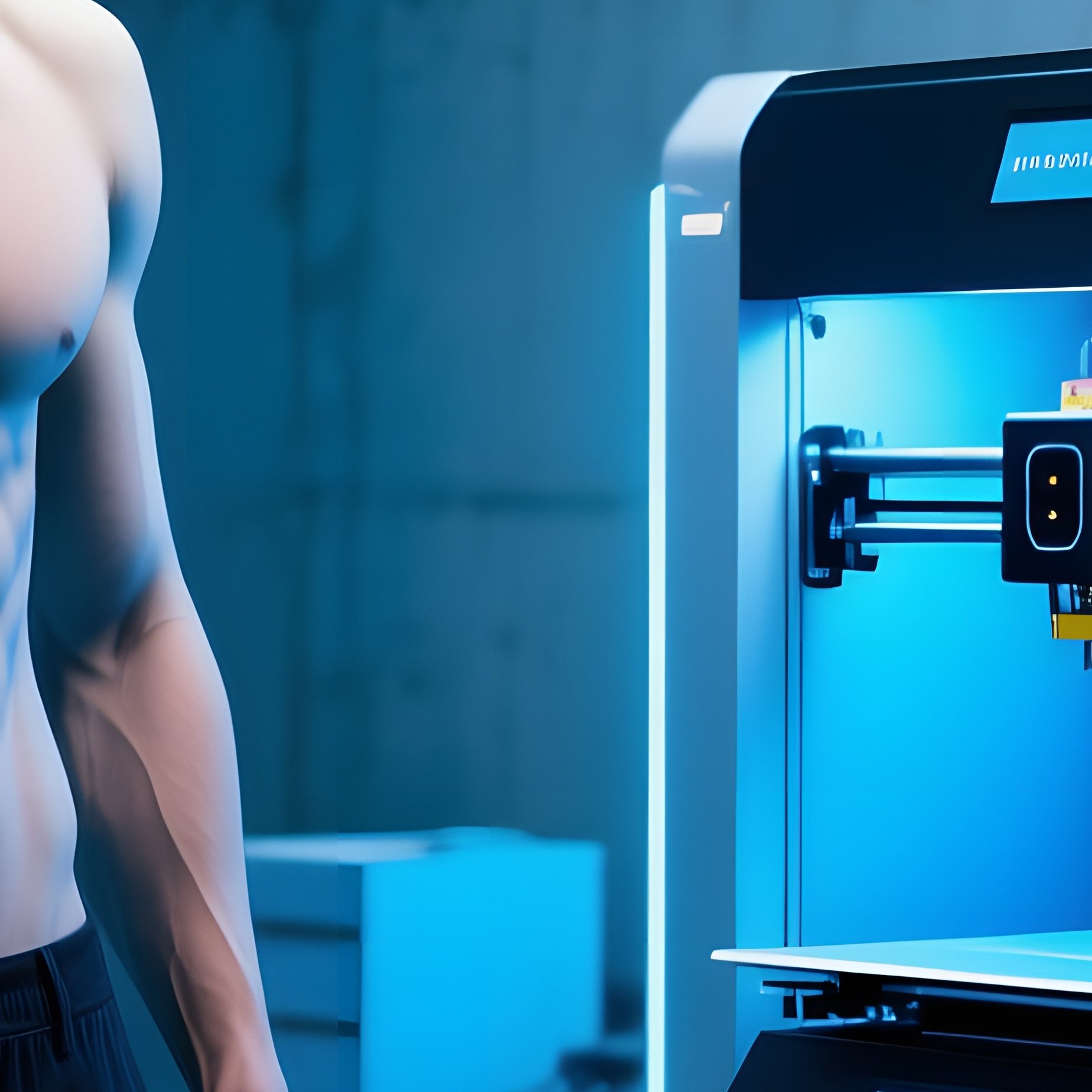 A Fit Office Worker With Sculpted Abs Standing Beside A Futuristic 3D Printer, Blue‑Hued - Full Resolution Quality Preview