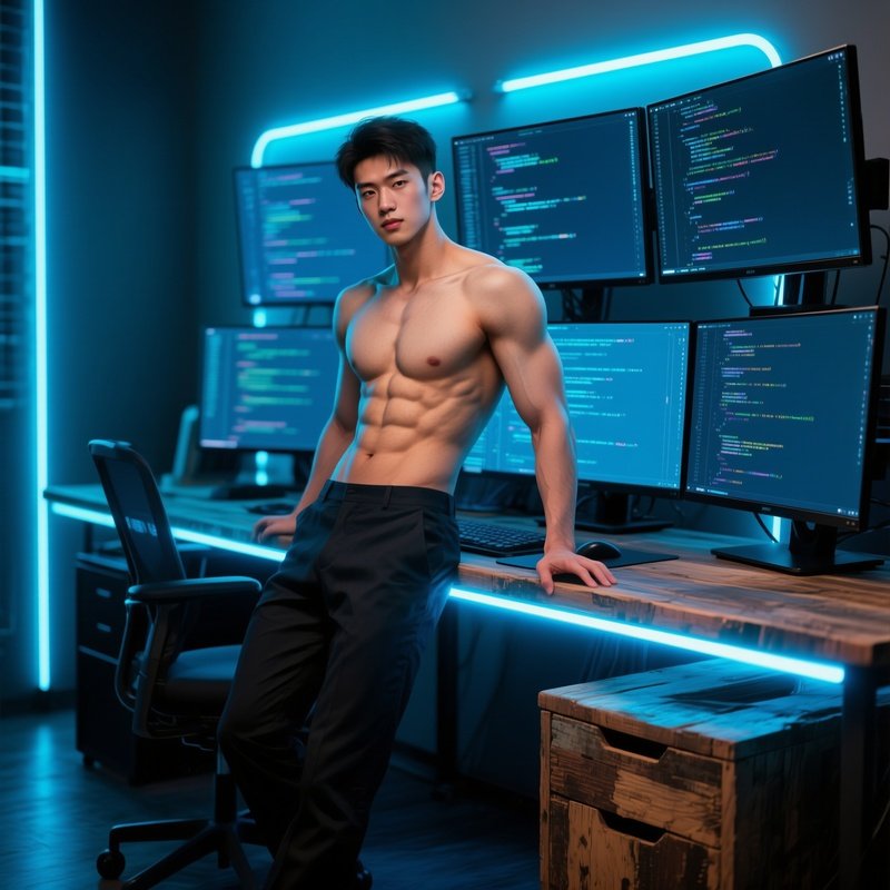 A Fit Young Professional With A Chiseled Torso Leaning Against A Standing Desk Made Of Reclaimed