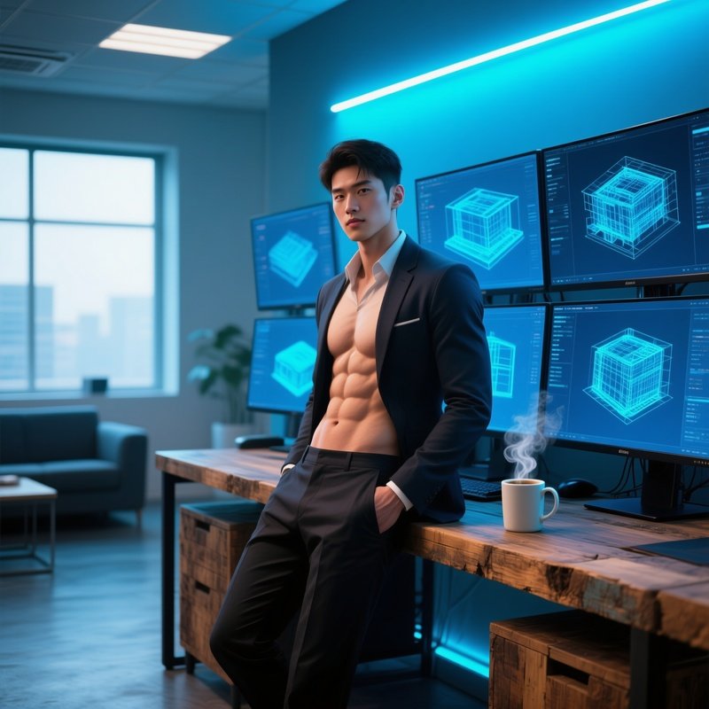A Fit Young Professional With Chiseled Abs Leaning Against A Standing Desk Made Of Reclaimed Wood,